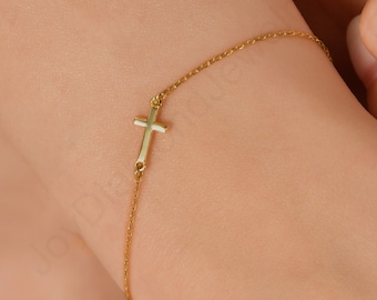 18K Gold Cross Bracelet, Religious Gift for Women, Sparkly Dainty Cross Bracelet, Mini Sideways Cross Bracelet, Gold Religious Bracelet