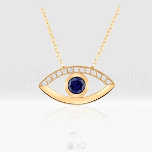 18k Gold Diamond Evil Eye Necklace, Real Diamond Evil Eye Necklace, Nazar Evil Eye Diamond Necklace for Women, Daily Sapphire Necklace