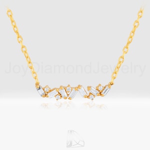 18k Gold Baguette Diamond Necklace, Diamond Cluster Necklace for Women, Dainty Gold Diamond Necklace, Natural Baguette Necklace Models