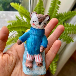 Handmade Clay Bear Figurine - Whimsical Collectible Art Piece - Charming Desk Buddy & Home Decor Worry Buddy - Cute Gift