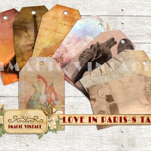 Juego imprimible de 8 etiquetas, tema Amor en París. Kit de bricolaje. Vintage Tags Tema de amor. Conjunto de gráficos vintage.