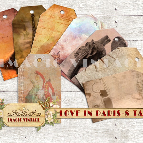 Printable 8 Tags Set, Love in Paris Theme. DIY Kit. Vintage Tags Love Theme. Vintage Graphics Set.