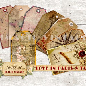 Juego imprimible de 8 etiquetas, tema Amor en París. Kit de bricolaje. Vintage Tags Tema de amor. Conjunto de gráficos vintage.