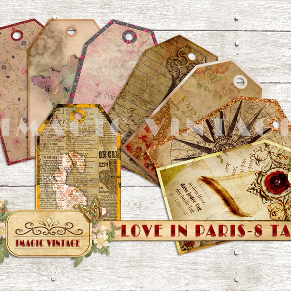 Printable 8 Tags Set, Love in Paris Theme. DIY Kit. Vintage Tags Love Theme. Vintage Graphics Set.