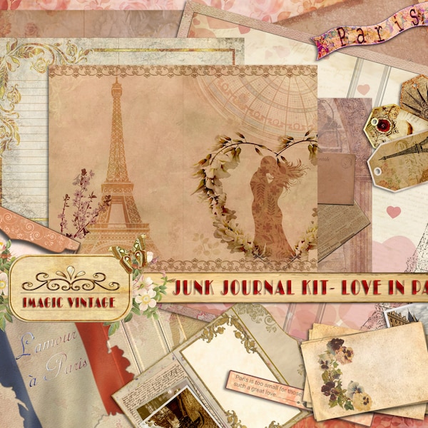 Printable Junk Journal KIt Love in Paris Theme. DIY Kit. Vintage Junk Journal Love Theme. Vintage Graphics Set.