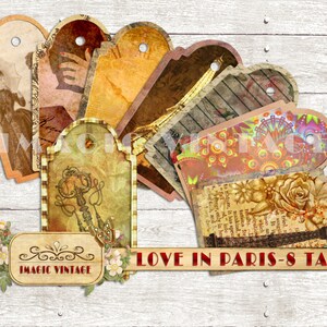 Juego imprimible de 8 etiquetas, tema Amor en París. Kit de bricolaje. Vintage Tags Tema de amor. Conjunto de gráficos vintage.