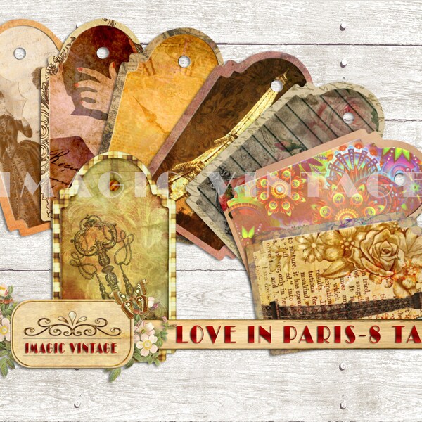 Printable 8 Tags Set, Love in Paris Theme. DIY Kit. Vintage Tags Love Theme. Vintage Graphics Set.