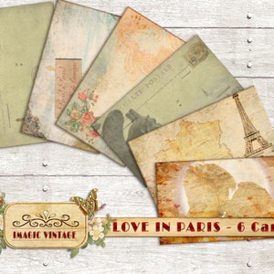 Juego de 6 cartas imprimible, tema Amor en París. Kit de bricolaje. Tema de amor de las tarjetas vintage. Conjunto de gráficos vintage.