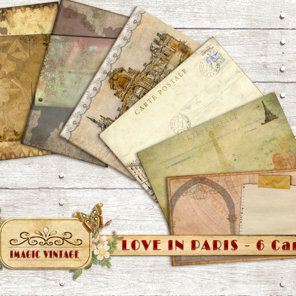 Printable 6 Cards Set, Love in Paris Theme. DIY Kit. Vintage Cards Love Theme. Vintage Graphics Set.