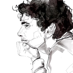 May include: Black and white line drawing of a person with curly hair, looking to the right, with their hand resting on their chin.
