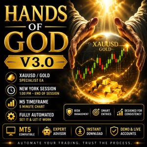 May include: A digital graphic titled HANDS OF GOD V3.0 featuring a glowing crystal sphere containing a gold trading chart and gold bars. Text includes XAUUSD GOLD, NEW YORK SESSION, M5 TIMEFRAME, FULLY AUTOMATED, MT5 COMPATIBLE, and trading features.