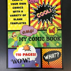 May include: A comic book cover with a yellow, red, and green background. The cover features a cartoon character and the text "Create your own comics with a variety of blank templates". The cover also features the text "My Comic Book" and "110 Pages! Wow!" in speech bubbles.