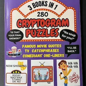 May include: Purple book cover with the title "280 Cryptogram Puzzles" in red and yellow. The cover features illustrations of a movie theater marquee, a television screen, and a stand-up comedian. The book includes famous movie quotes, TV catchphrases, and comedians' one-liners.  The book is printed in large print.