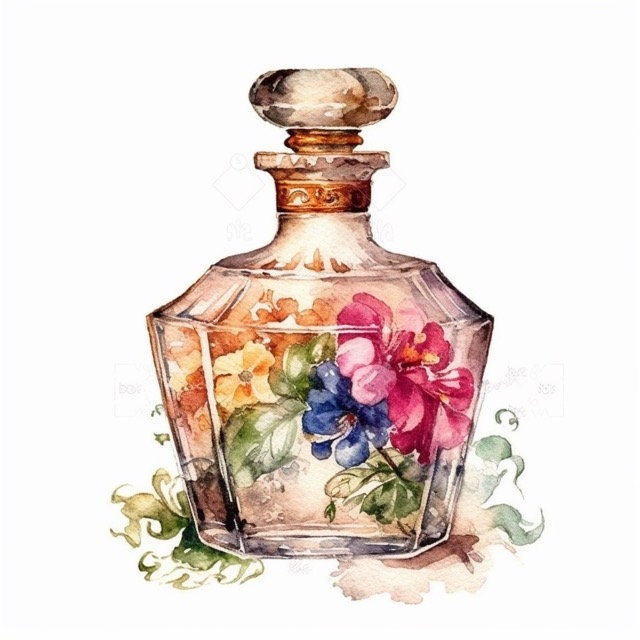 Antique Perfume Bottles Watercolor Clip Art 4 PNG Card Making Mixed ...