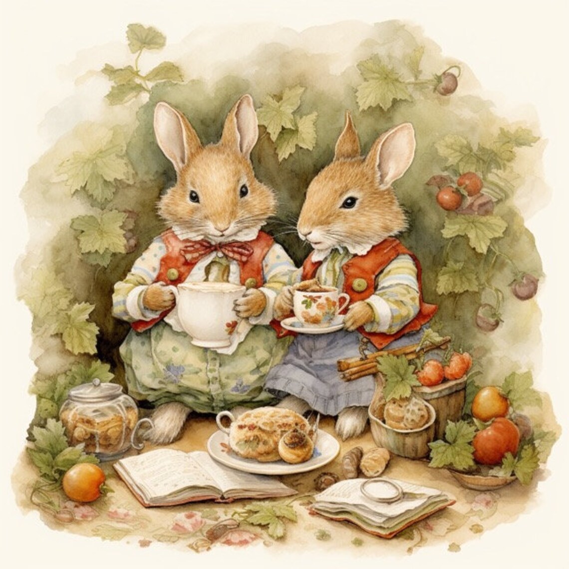 Bunny Rabbit Tea Time Watercolor Clip Art Sublimation Graphics 4 JPG ...