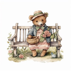 May include: A brown teddy bear wearing a pink and white striped dress, a blue jacket, and a straw hat sits on a wooden bench holding a basket of flowers. The bear is surrounded by green foliage and pink flowers.