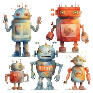 May include: Five watercolor illustrations of robots with different colors and designs. The robots are all rusty and have different expressions on their faces. The robots are all standing on a white background.