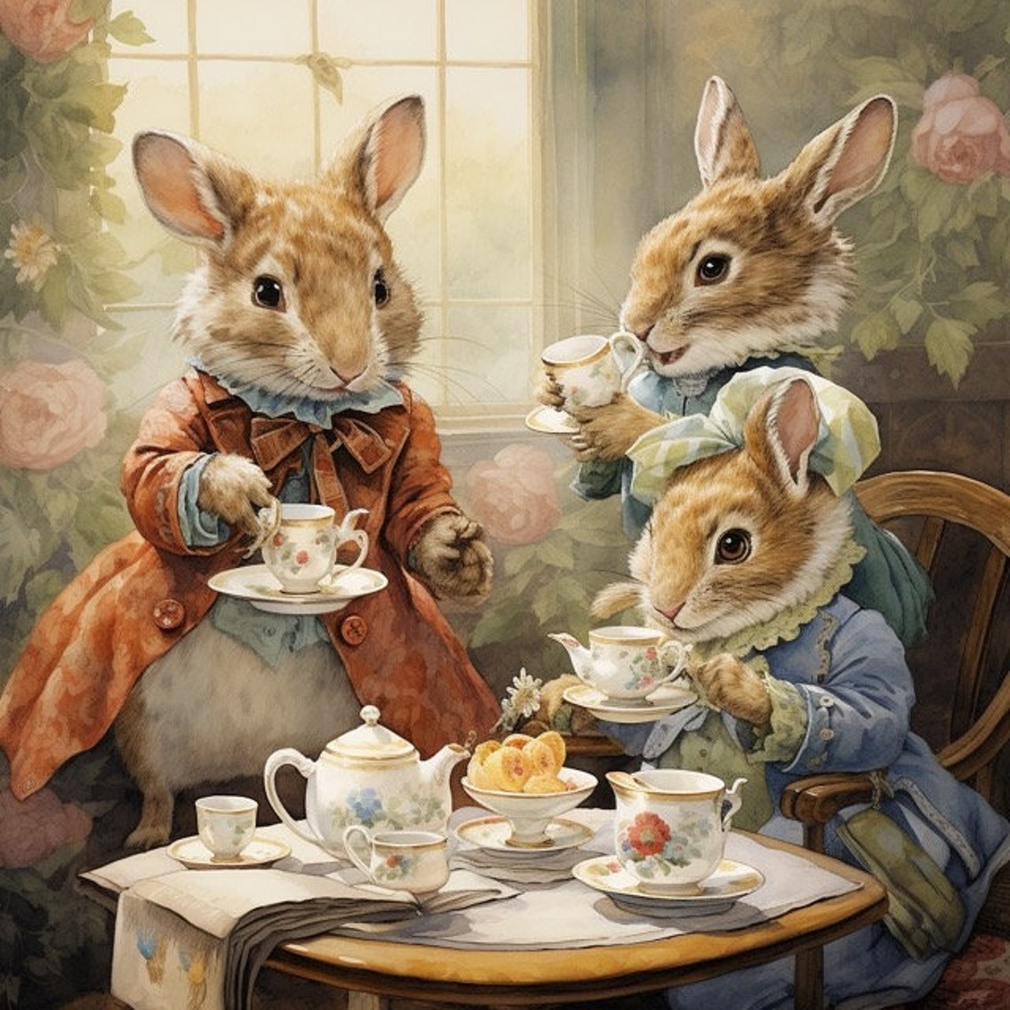 Bunny Rabbit Tea Time Watercolor Clip Art Sublimation Graphics 4 JPG ...
