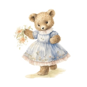 Teddy Bear Summer Flowers Watercolor Clipart 4 PNG Card Making Paper Crafts Collage Junk Journal Scrapbooking Invitations Mix Media - 567