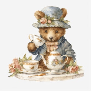 Teddy Bear Tea Time Acuarela Clipart 8 Alta Calidad JPG Acuarela Arte Digital Descargar Tarjeta Haciendo Medios Mixtos Digital Paper Craft - 080
