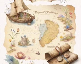 Treasure Map Watercolor Clipart 8 High Quality JPG, Digital Download, Card Making Mixed Media, Crafts Clip art - 151