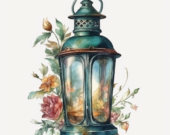 Antique Lantern Watercolor Clipart 8 High Quality JPG, Digital Download, Card Making Mixed Media, Crafts Clip art - 130