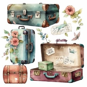 Voyage valise aquarelle Clipart 8 haute qualité JPG, téléchargement numérique, fabrication de cartes mixtes, artisanat Clip art - 152