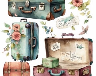 Travel Suitcase Watercolor Clipart 8 High Quality JPG, Digital Download, Card Making Mixed Media, Crafts Clip art - 152