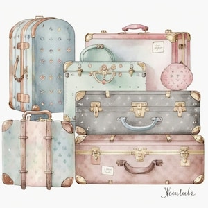 Designer de luxe valises Clipart, 10 haute qualité JPG aquarelle Art, téléchargement numérique, fabrication de cartes, techniques mixtes, Digital Paper Craft - 066