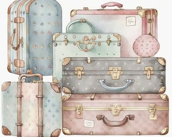 Luxury Designer Suitcases Clipart, 10 High Quality JPG Watercolor Art, Digital Download, Card Making, Mixed Media, Digital Paper Craft - 066