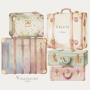 Designer de luxe valises Clipart, 8 haute qualité JPG aquarelle Art, téléchargement numérique, fabrication de cartes, techniques mixtes, Digital Paper Craft - 017