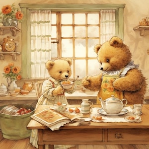 May include: Two teddy bears in a kitchen setting. One bear is wearing a yellow floral apron and is pouring tea from a white teapot into a teacup. The other bear is wearing a white and green dress and is eating from a bowl. There is a book, a plate of orange slices, and a cup of tea on the table.