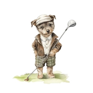 Cute Puppy Dog playing Golf Father's Day Watercolor Clip Art 4 High Quality PNG Format Instant Download Commercial Use - 319