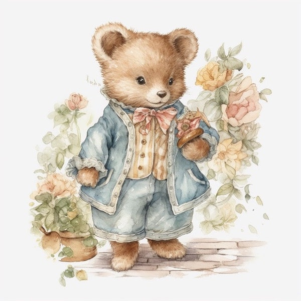 Baroque Teddy Bear Watercolor Clipart 8 High Quality JPG, Digital Download, Card Making Mixed Media, Crafts Clip art - 139