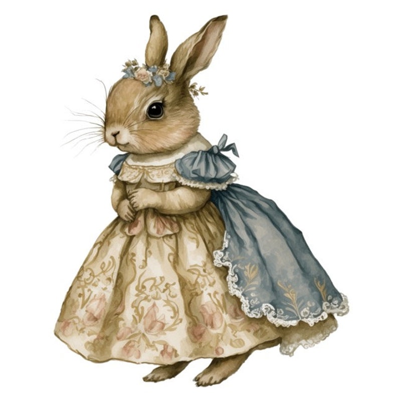 May include: A watercolor illustration of a brown rabbit wearing a light blue and gold dress with a lace trim. The rabbit has a flower crown on its head and is standing on a white background.