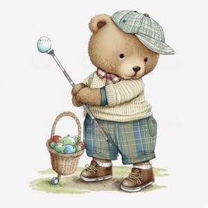 Teddy Bear Playing Golf Clipart, 8 Arte de acuarela JPG de alta calidad, Descarga digital, Fabricación de tarjetas, Técnica mixta, Arte de papel digital - 029