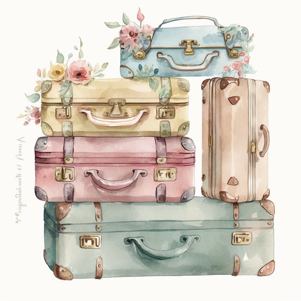 Antique Suitcases Clipart, 8 High Quality JPG Watercolor Art, Digital Download, Card Making, Mixed Media, Digital Paper Craft - 018