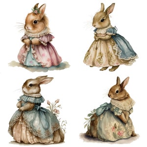 May include: Four watercolor illustrations of bunnies wearing dresses. The bunnies are all brown with white fur and have long ears. They are wearing different colored dresses with lace trim. The dresses are pink, beige, blue, and green.