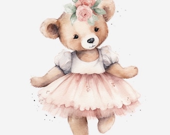 Ballerina Teddy Bear 8 High Quality JPG Watercolor Digital Download Card Making Mixed Media Digital Paper Craft Clip Art  - 201