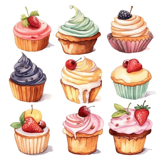 Cupcakes and Desserts Watercolor Clip Art 4 High Quality PNG ...