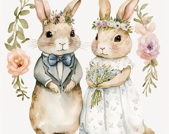 Bunny Rabbit Groom and Bride Wedding Clipart 8 High Quality JPG Watercolor Digital Download Card Making Mixed Media Digital Paper Craft- 184