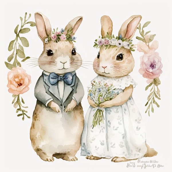 Bunny Rabbit Groom and Bride Wedding Clipart 8 High Quality JPG Watercolor Digital Download Card Making Mixed Media Digital Paper Craft- 184