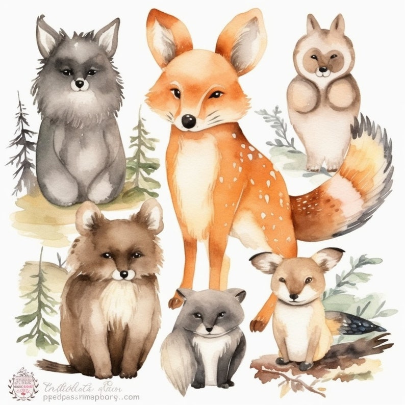 Watercolor Woodland Animals Clipart 8 High Quality JPG Art - Etsy