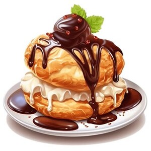 May include: A two-layered pastry topped with whipped cream and drizzled with chocolate sauce. The pastry is on a white plate with more chocolate sauce drizzled around it.