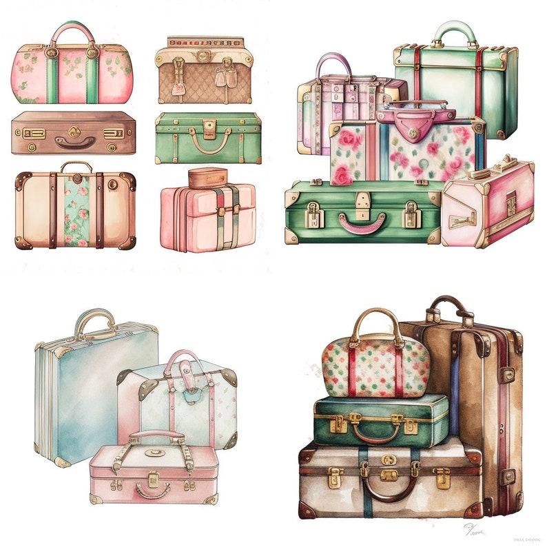 Watercolor Luxury Designer Suitcases Clipart Clip Art PNG - Etsy