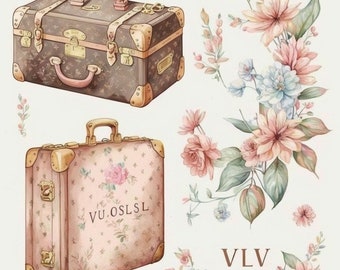 Antique Luxury Designer Suitcase Watercolor Clipart 8 High Quality JPG, Digital Download, Card Making Mixed Media, Crafts Clip art - 143