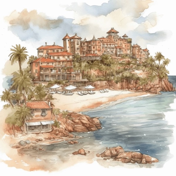 French Riviera Beach Coastal Cost Watercolor Clip Art 4 High Quality PNG Format Instant Download Commercial Use - 349