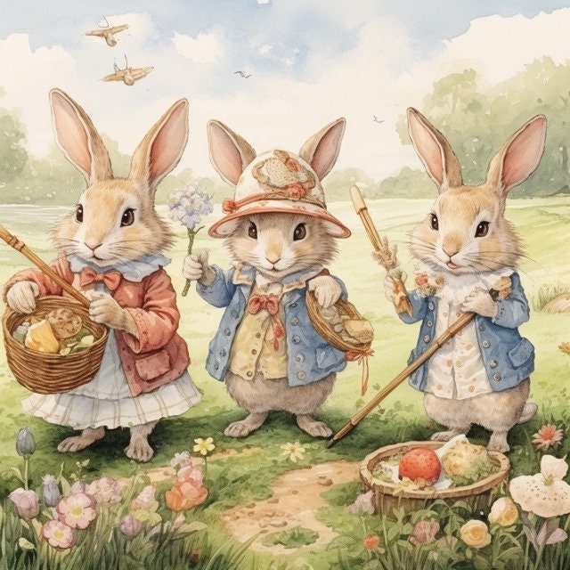 Bunny Rabbit Golf Play Watercolor Clip Art 4 JPG Files Mix Media Paper