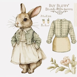 Lapin lapin en vêtements vintage Clipart 8 haute qualité JPG aquarelle téléchargement numérique carte fabrication mixte numérique papier Craft-189