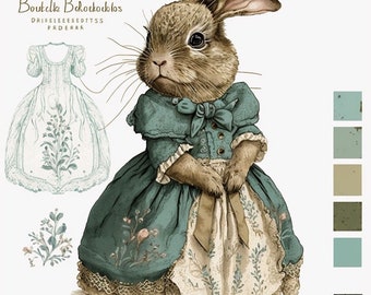 Renaissance Bunny Rabbit Watercolor Clipart 8 High Quality JPG, Digital Download, Card Making Mixed Media, Crafts Clip art - 133